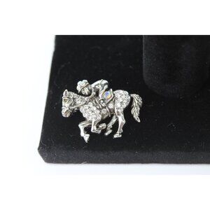 Silver Tone Rhinestone Horse & Jockey Brooch Pin